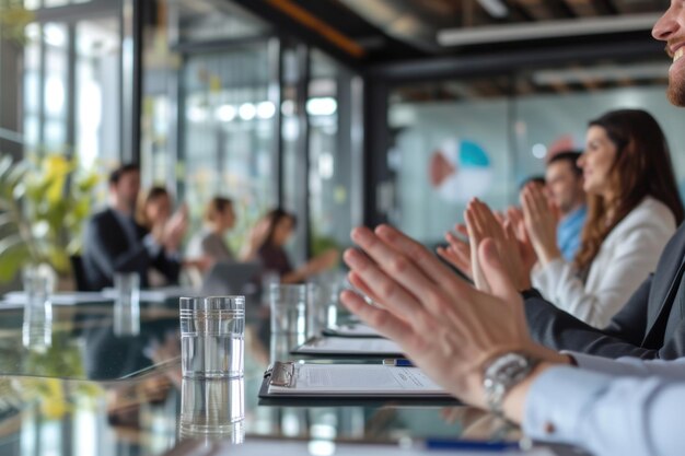 Personas de negocios aplaudiendo durante una reunión en la oficina por su éxito en el trabajo comercial