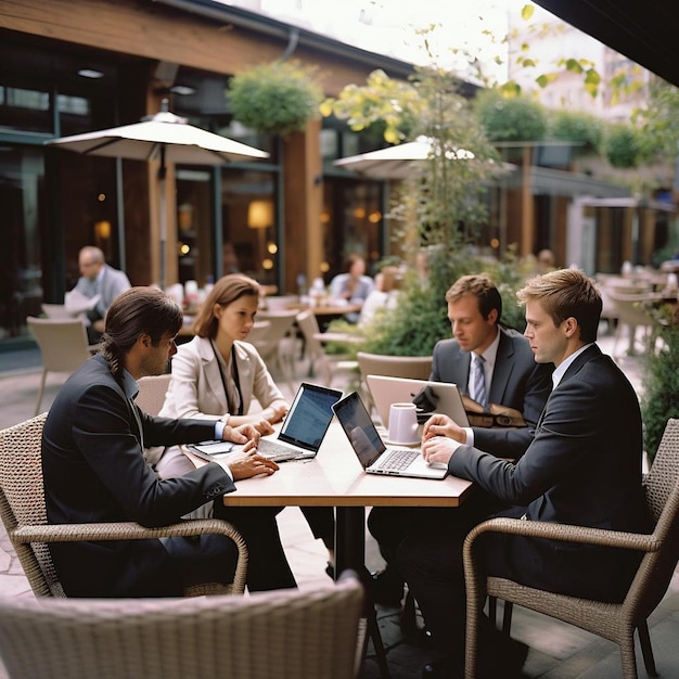 personas de negocios con computadoras portátiles reuniéndose en la mesa del patio de la cafetería