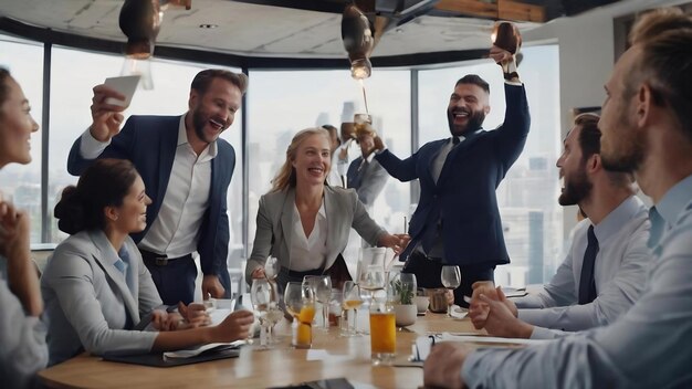 Personas de negocios felices celebran en una mesa en una reunión en una oficina móvil