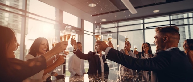 Foto personas de negocios felices celebrando bebiendo champán en la sala de conferencias