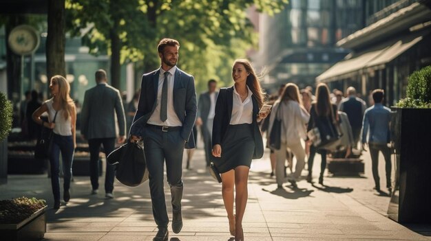 personas de negocios hablando y caminando por la soleada acera de la ciudad