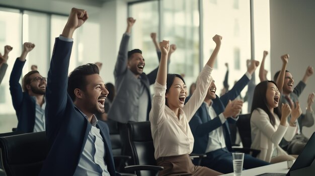 Personas de negocios multiétnicas felices aplaudiendo con su imagen generada con éxito en la oficina por la IA