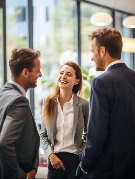 Foto personas de negocios sonrientes de pie y teniendo una discusión en la oficina