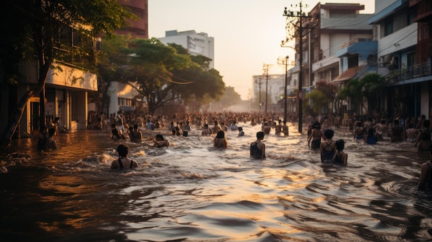 Personas no identificadas se bañan en el río en Bangkok, Tailandia