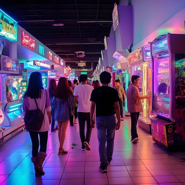 Personas no identificadas jugando juegos de arcade en el centro comercial