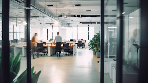 Personas en una oficina abierta con una gran ventana que dice "abrir"