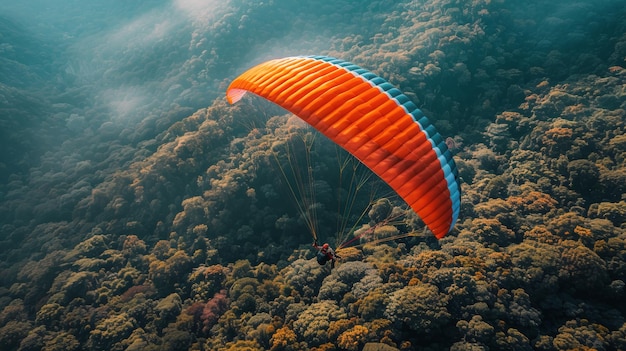 Foto personas en paracaídas sobre un bosque verde y exuberante