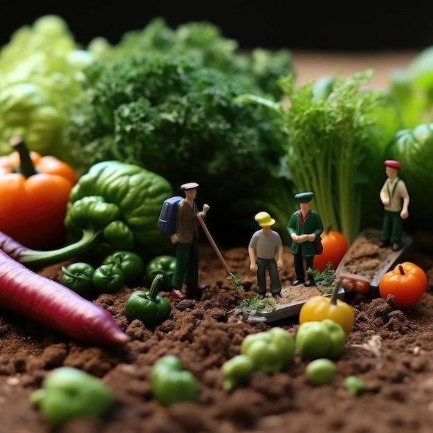 Las personas pequeñas hacen comida recogen frutas y verduras