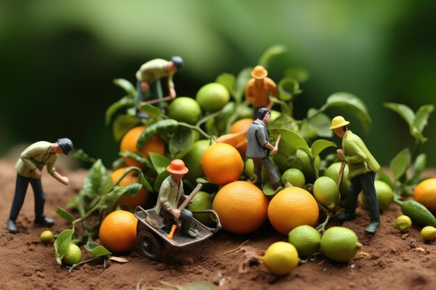 Las personas pequeñas hacen comida recogen frutas y verduras