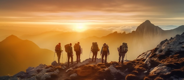 personas en el pico de la montaña ayudando al trabajo en equipo