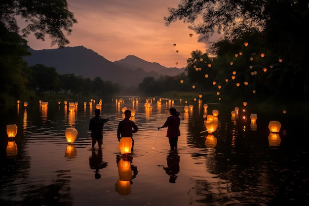 Personas de pie en el agua con linternas flotando en el agua al atardecer
