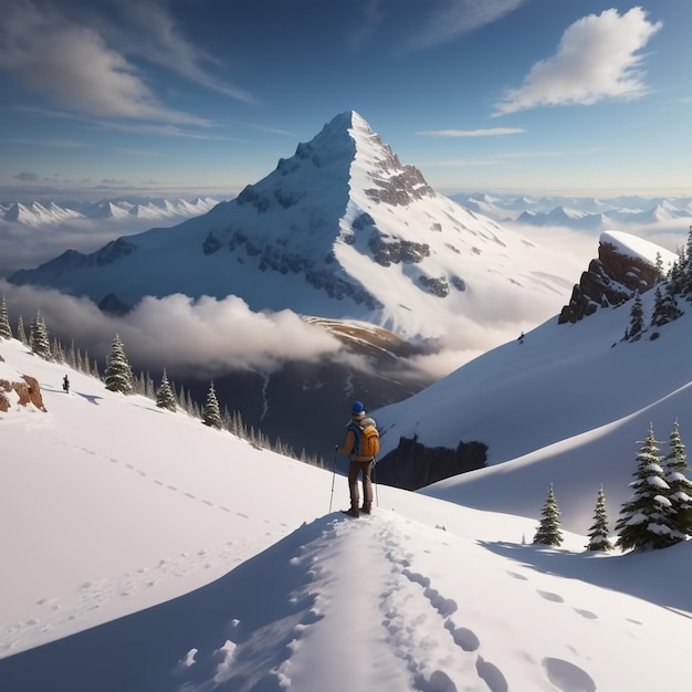 Personas de pie en la cima de un pico de montaña cubierto de nieve IA generativa