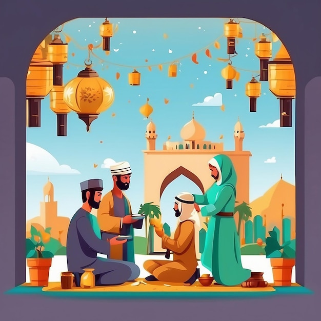 Personas planas celebrando el Eid al-Adha Ilustración