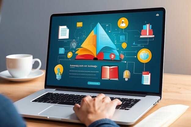 Personas que acceden al conocimiento en línea en una biblioteca virtual en una computadora portátil concepto de educación y aprendizaje electrónico