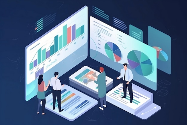 personas que analizan los datos análisis de datos de negocios análisis de datos gráfico de informes financieros ilustraciones 3D