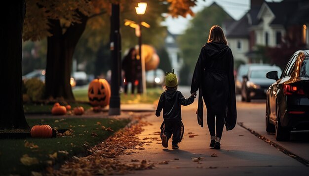 Personas que celebran halloween en familia del barrio