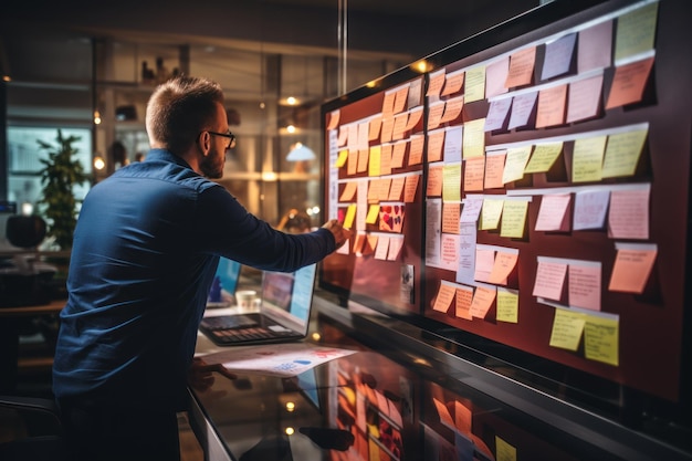 Personas que comparten el concepto de ideas con estrategia de escritura de notas en papel en la oficina IA generativa