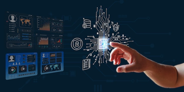 personas que conectan la IA aprenden el trabajo humano en los datos chip de computadora red de trabajo tablero de instrumentos
