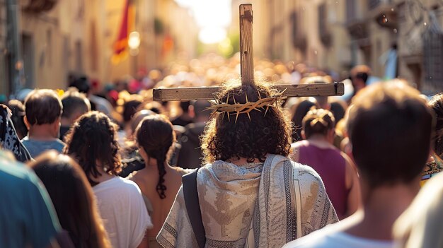 Personas que llevan a Jesús a través de la procesión de la Semana Santa