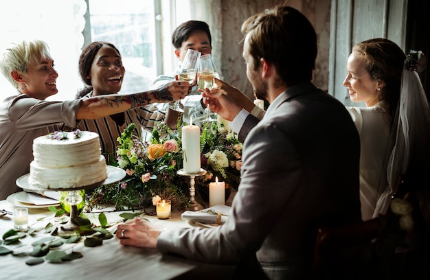 Personas que tienen un brindis en una mesa de boda