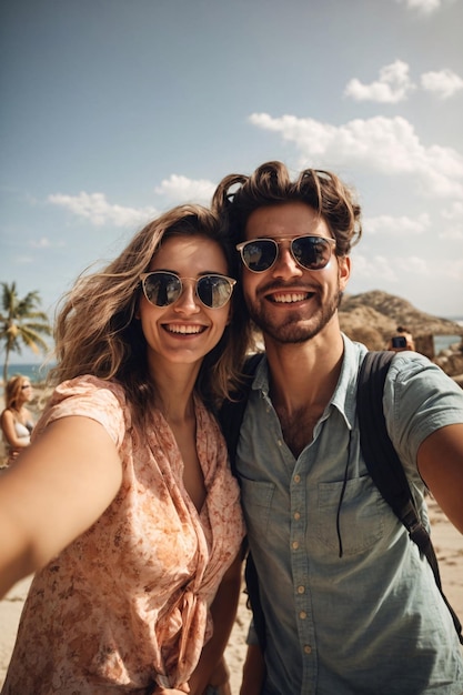 Foto personas que se toman selfies en vacaciones