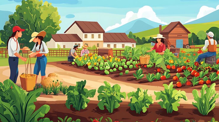 personas que trabajan en una granja con verduras y verduras