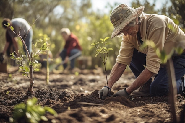 personas que trabajan en el jardín plantando árboles promoviendo la producción local de alimentos restauración del hábitat