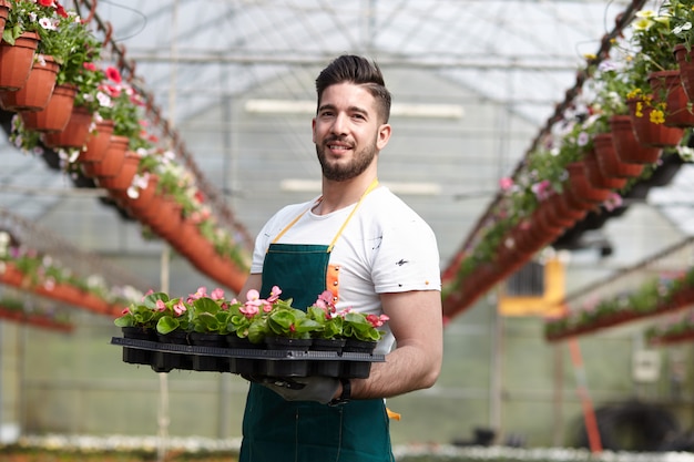 Las personas que trabajan en una tienda de jardinería