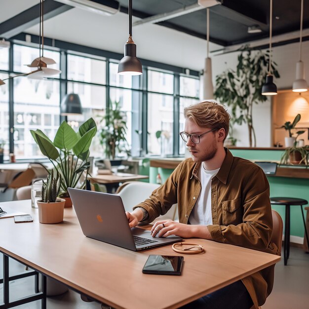 Personas que trabajan usando una computadora portátil con una hermosa decoración de la habitación