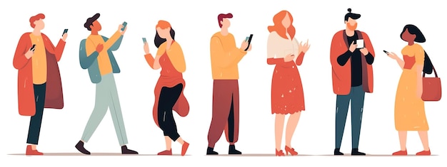 Foto personas que usan teléfonos móviles personas con teléfonos inteligentes en las manos hombres mujeres usan teléfonos móviles navegando por internet chateando ilustraciones vectoriales gráficas planas