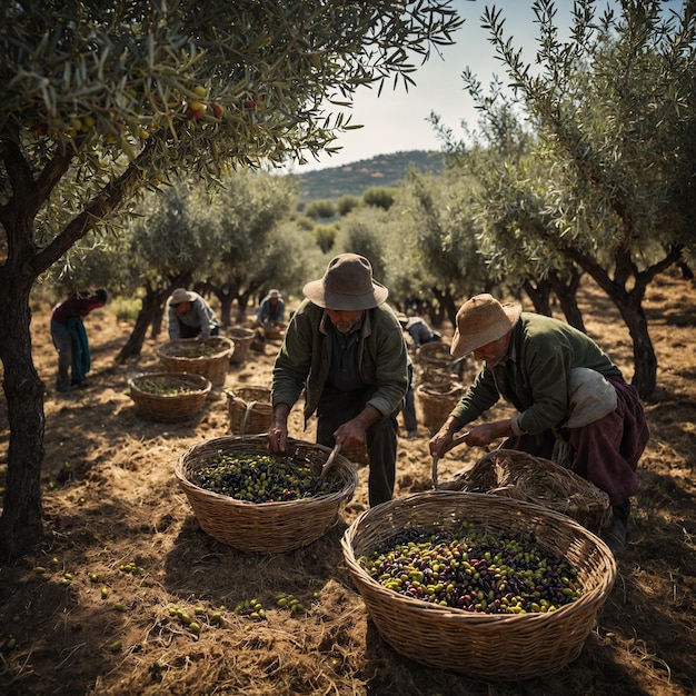 personas recogiendo aceitunas de un árbol en un olivar