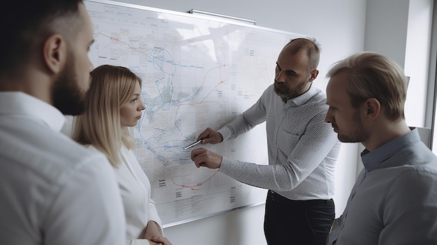 Personas en una reunión con un mapa del agua.