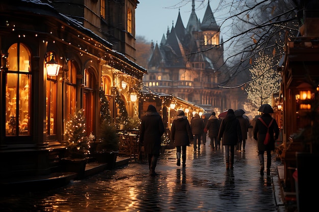 personas con ropa de invierno caminando por el mercado de Navidad con luces doradas