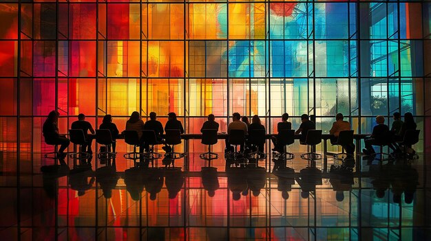 personas en la sala de conferencias siluetas con una ventana brillante en el fondo