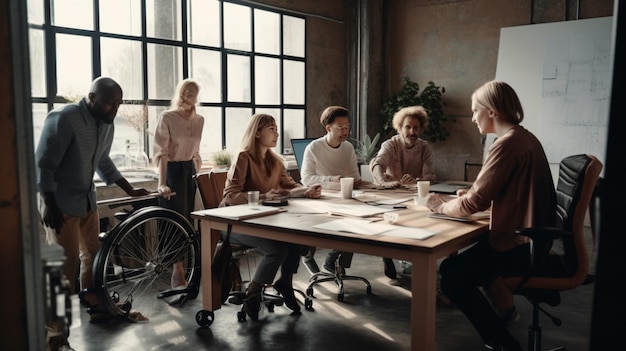 Personas en una sala de reuniones con silla de ruedas