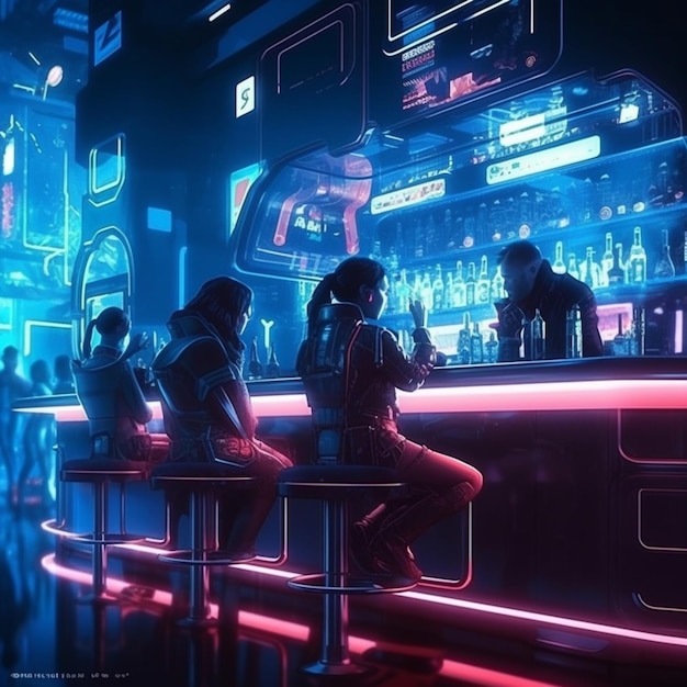 Personas sentadas en un bar con luces de neón y un ai generativo de barra de neón