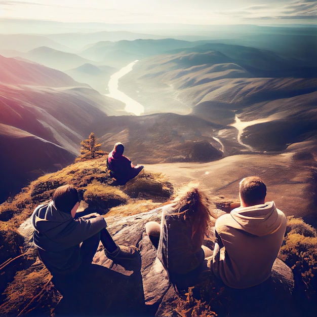 Personas sentadas en la cima de una montaña con vistas a un valle