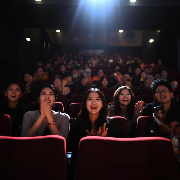 personas sentadas en un cine viendo una película con las manos en alto