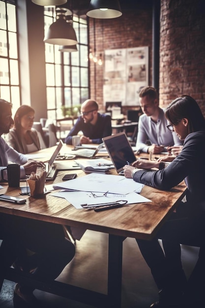 personas sentadas en una mesa con computadoras portátiles y papeles en ella