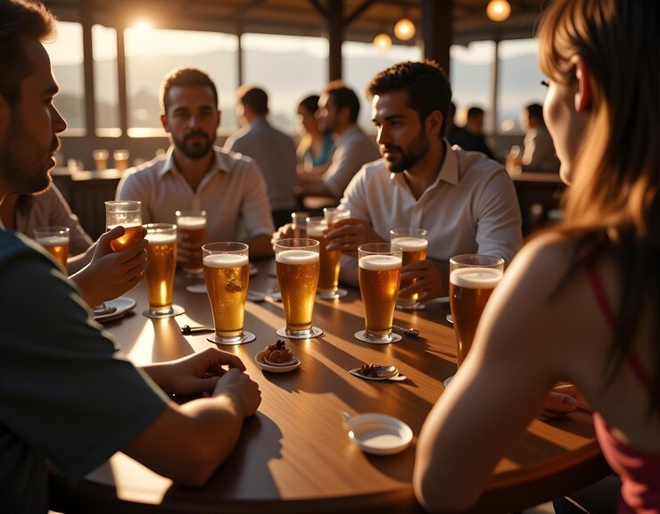 personas sentadas en una mesa con vasos de cerveza delante de ellos uno de los cuales tiene una mujer en el otro con un hombre leyendo un libro