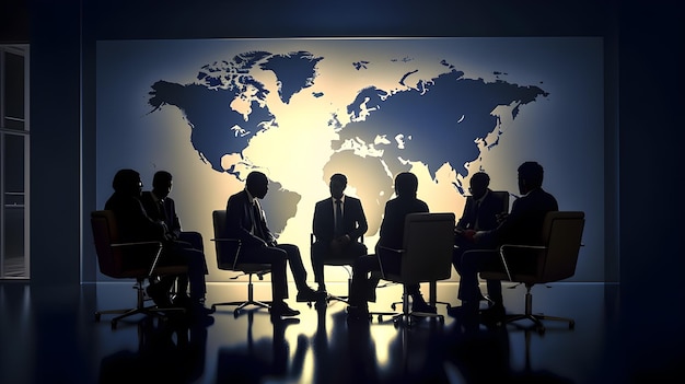 Personas sentadas en sillas en una reunión con un mapa del mundo detrás de ellas