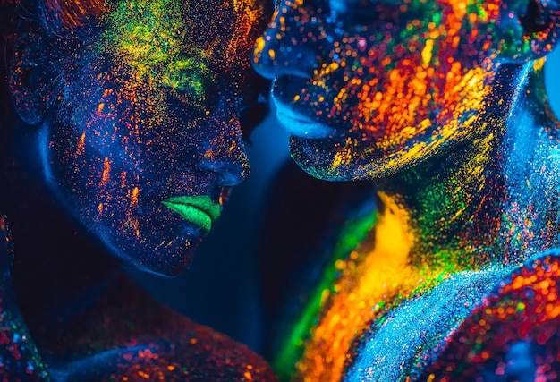 Las personas son polvos fluorescentes de colores. una pareja de enamorados bailando en una discoteca.