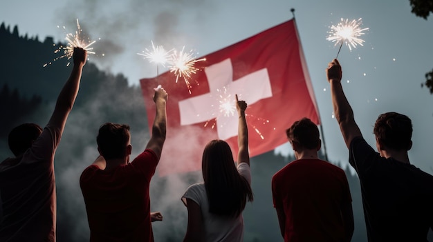 Personas sosteniendo fuegos artificiales frente a una bandera suiza