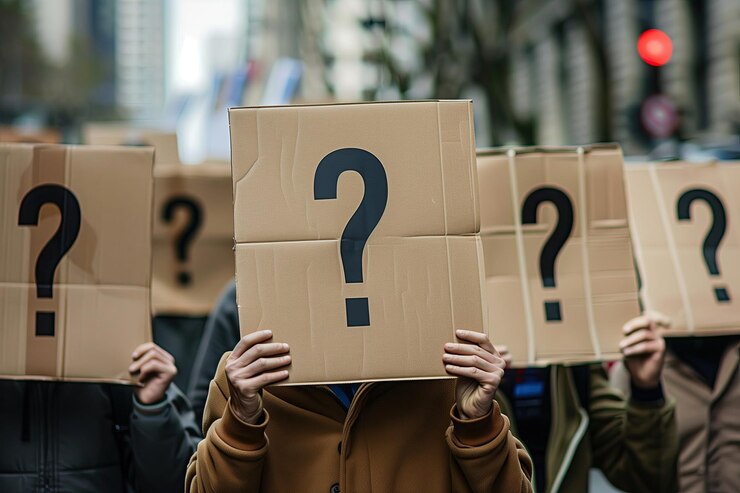Foto personas sosteniendo grandes carteles en cada cartel hay un signo de interrogación destacado