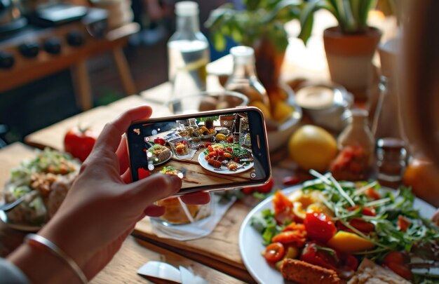 Foto personas tomando una foto en su teléfono inteligente de un plato de comida