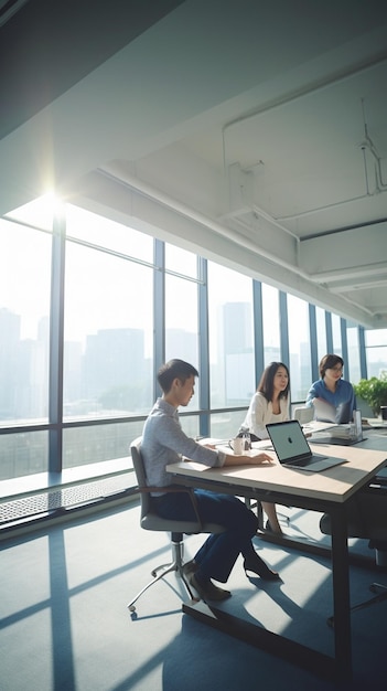 Personas trabajando en una sala de reuniones con vista a la ciudad.