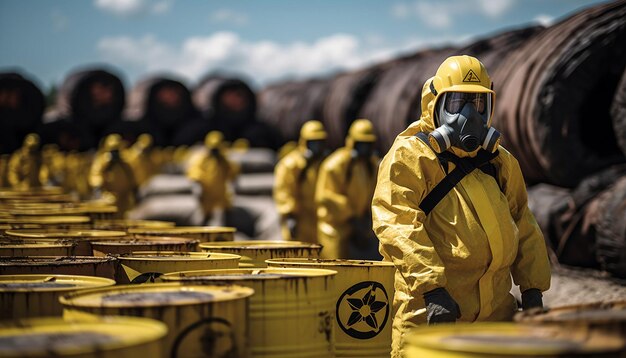 personas en un traje de radiación señales de radiación barriles de desechos nucleares estilo hiperrealista