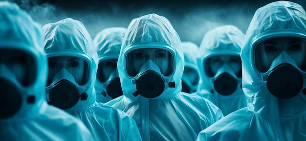 Personas en trajes químicamente protegidos Médicos en trajes de radiación pandémica de virus