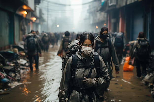 Personas usando máscaras en medio de la IA generativa gris volcánica