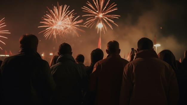 Personas viendo fuegos artificiales en la noche.